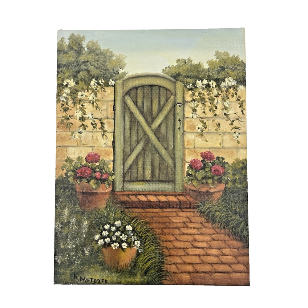 Vintage Oil Painting on Artist Board Garden Gate 9" x 12" Signed